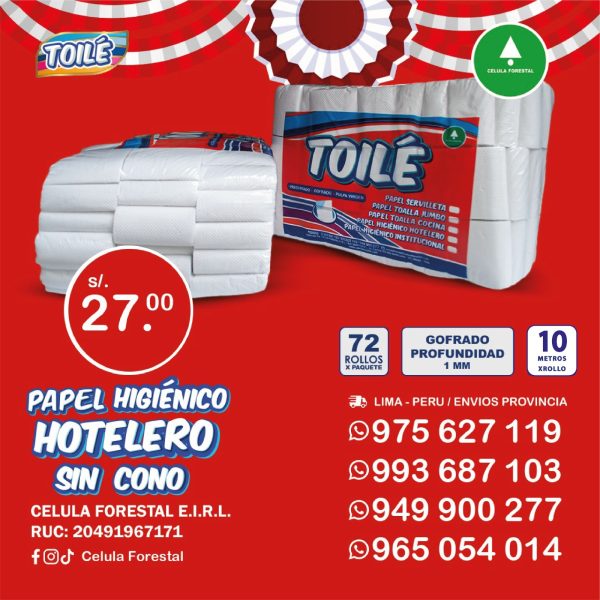 Papel Higienico Hotelero sin cono Economico TOILE